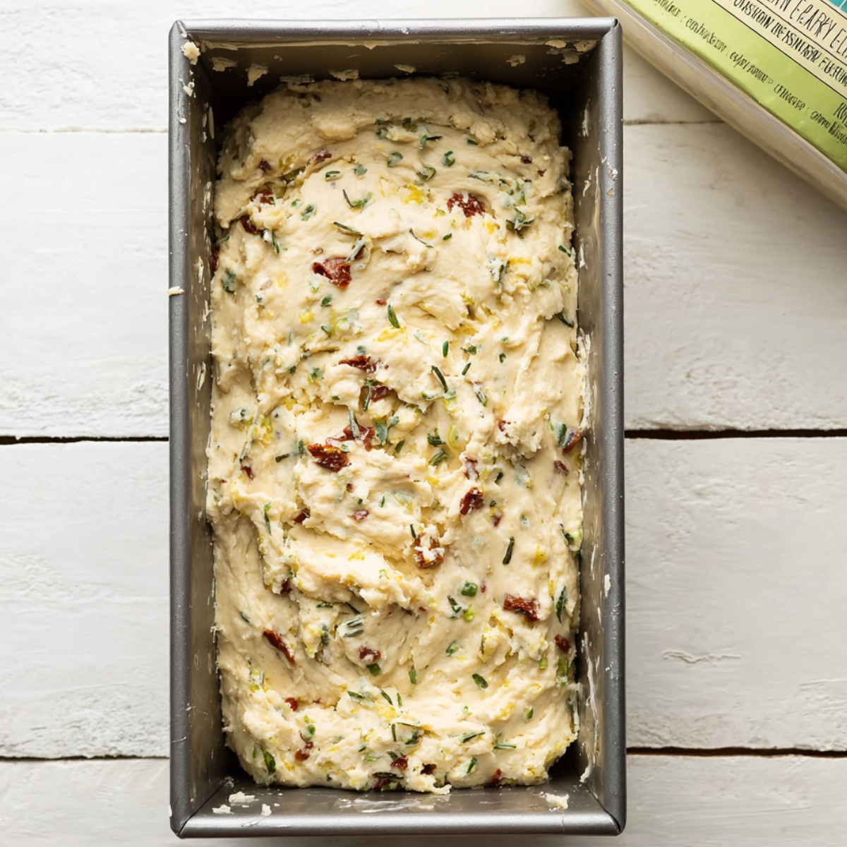 Easy Savory Quick Bread Recipe 11 Uncooked savory quick bread batter in a loaf pan with herbs and sun-dried tomatoes.