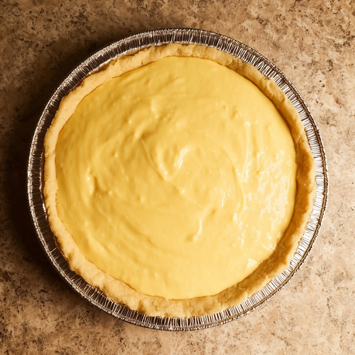 The Best Orange Pie Recipe 11 Homemade pie crust filled with creamy orange pie filling in a disposable aluminum pie pan on a light marble countertop.