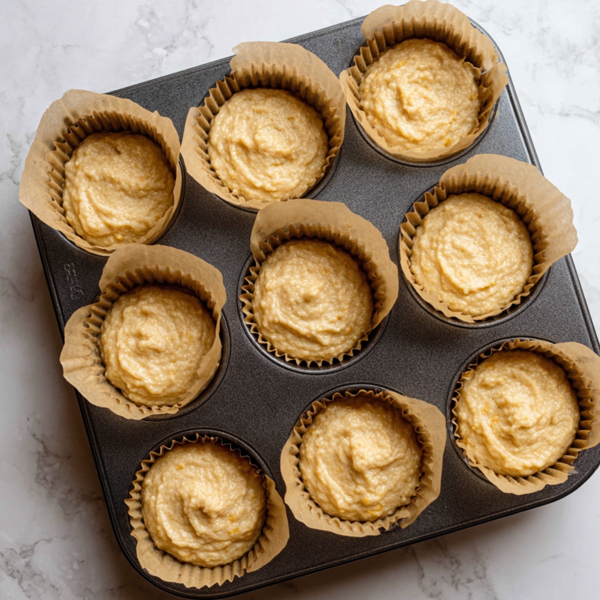 The Best Cornbread Muffins Recipe 11 Unbaked cornbread muffin batter evenly spooned into a 12-cup muffin pan lined with parchment paper, ready to bake.