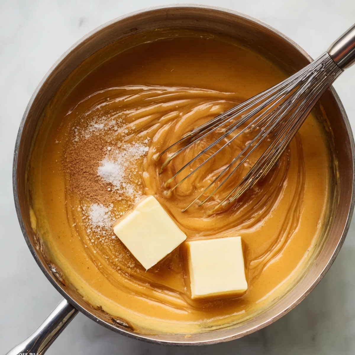 Easy Homemade Butterscotch Pie 11 Smooth caramel pie filling being whisked in a saucepan with butter, cinnamon, and salt, ready to become a rich dessert base.