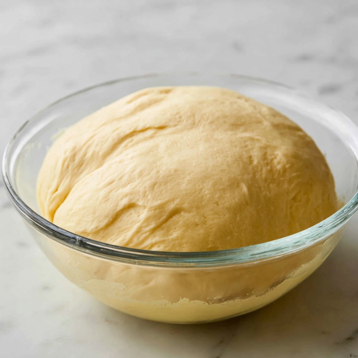 Easy Homemade Brioche Recipe 11 Smooth risen dough in a glass bowl ready for baking homemade bread.