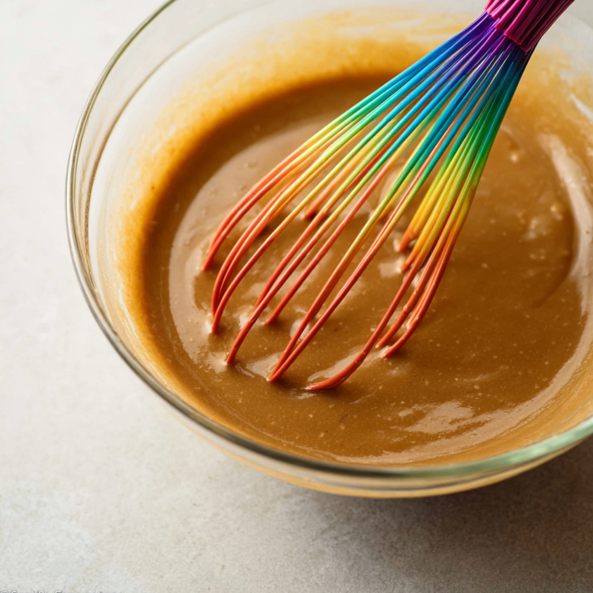 Easy Peanut Butter Blondies Recipe 10 A glass bowl showing thick peanut butter blondie batter being mixed with dry ingredients using a rainbow whisk.