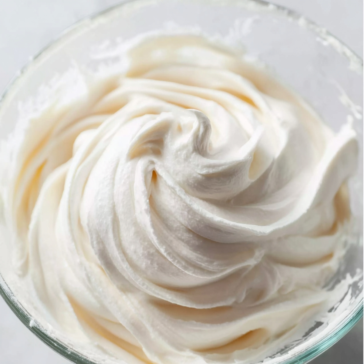 The Best Angel Food Cupcakes Recipe 10 Smooth whipped vanilla frosting swirled in a glass mixing bowl, close-up food photography with creamy texture details.