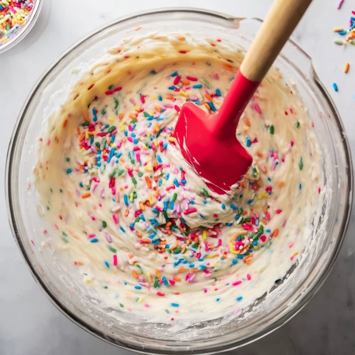 Easy Confetti Sprinkle Cupcakes Recipe 10 Vanilla cupcake batter being mixed with rainbow sprinkles using a red spatula in a clear glass bowl.