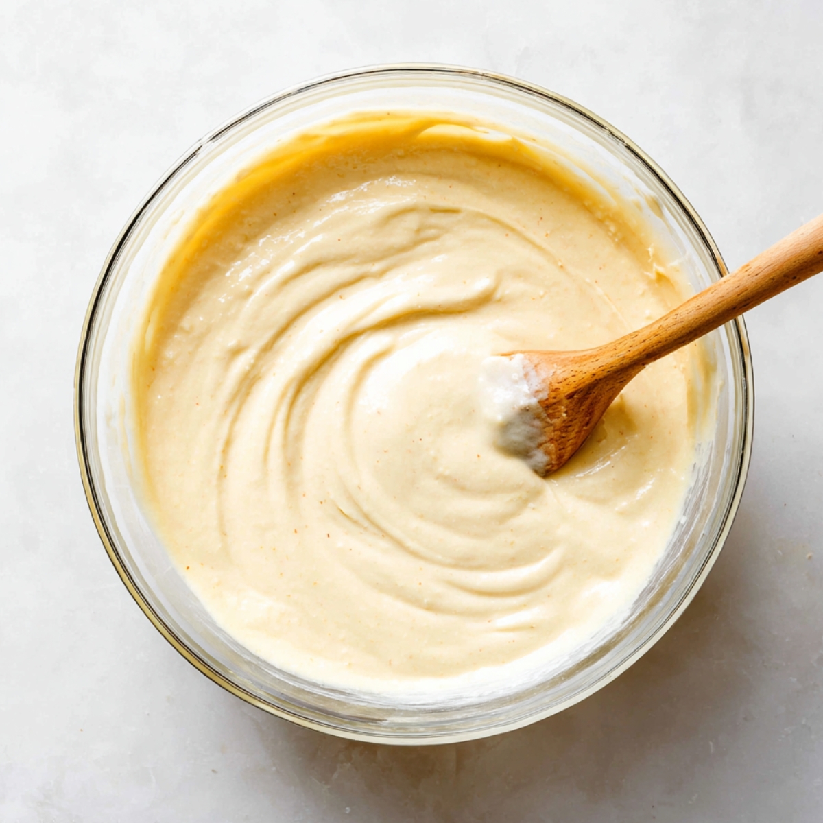 Easy Lemon Pudding Cakes Recipe 10 Creamy lemon pudding cake batter being folded with a wooden spatula.