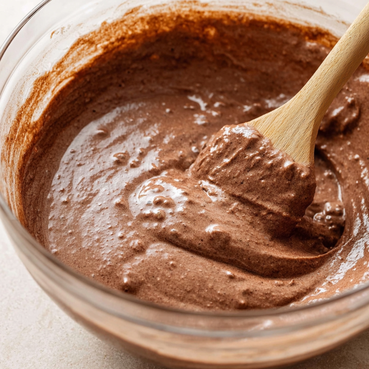 Easy Chocolate Swiss Roll Cake Recipe 10 Close-up of fluffy chocolate cake batter in a glass bowl being folded with a wooden spatula, showing light and airy texture with small bubbles.