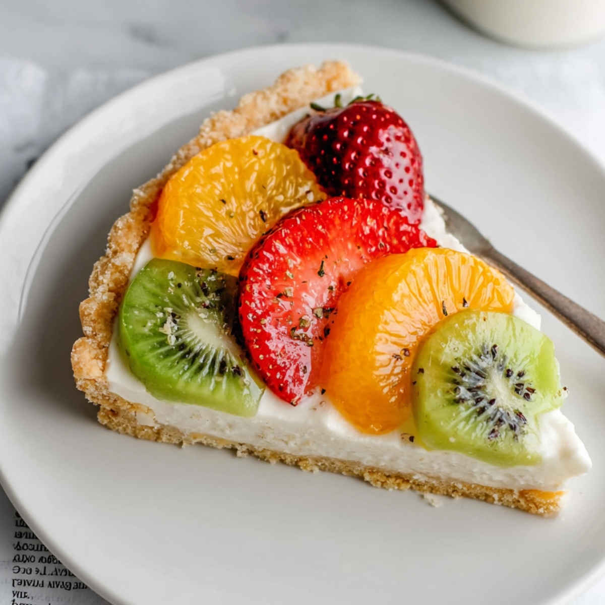 A slice of Fresh Fruit Tart topped with vibrant strawberries, oranges, and kiwi on a smooth, creamy filling with a crumbly tart crust.