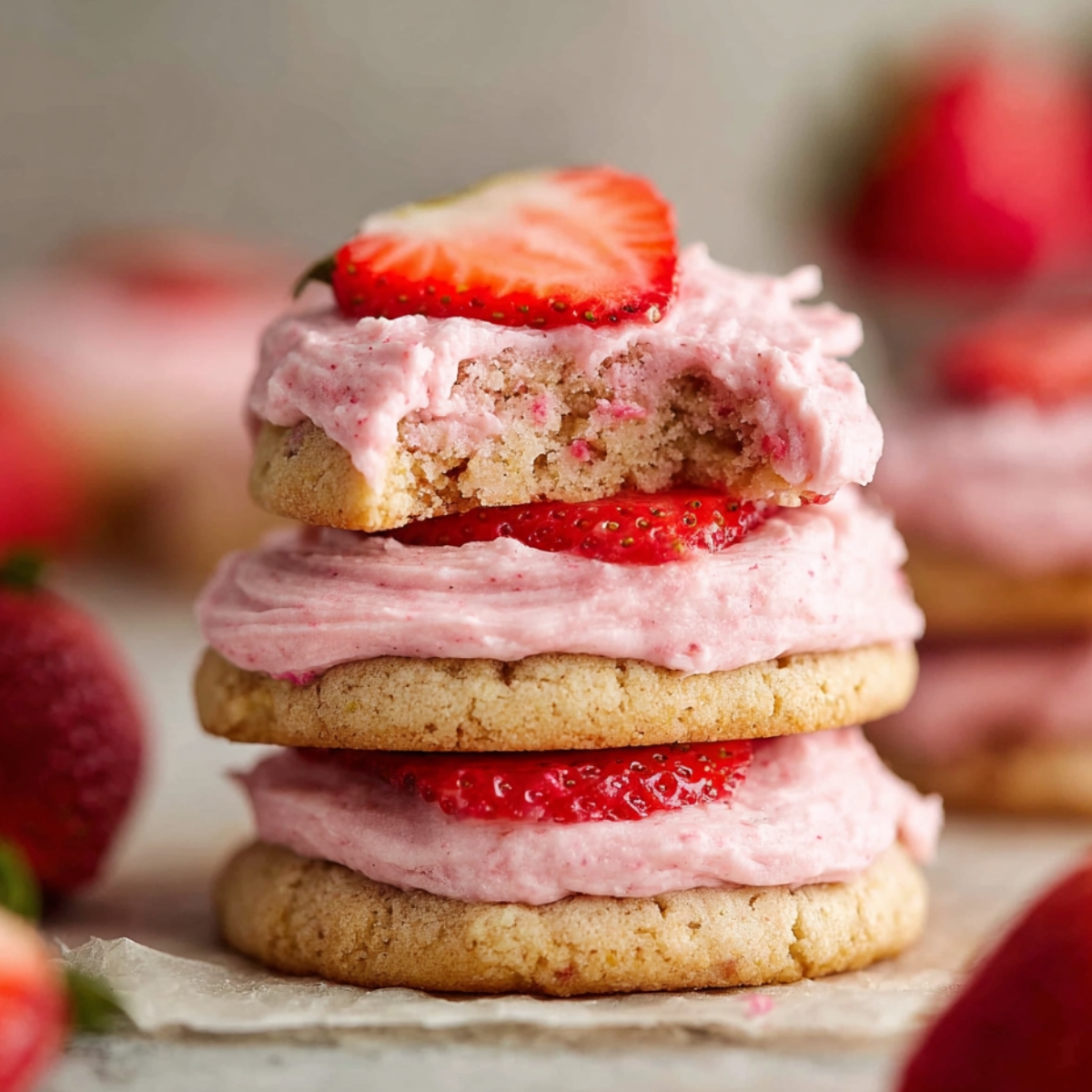 Three stacked Frosted Strawberry Cookies with pink frosting and fresh sliced strawberries on top, soft and chewy texture visible.