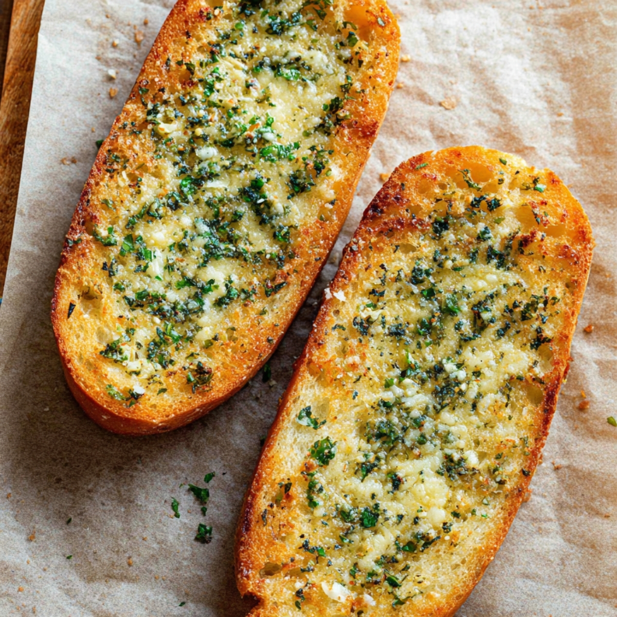 Golden baked Garlic Bread with melted herb butter and parsley, crispy edges, close-up, photorealistic