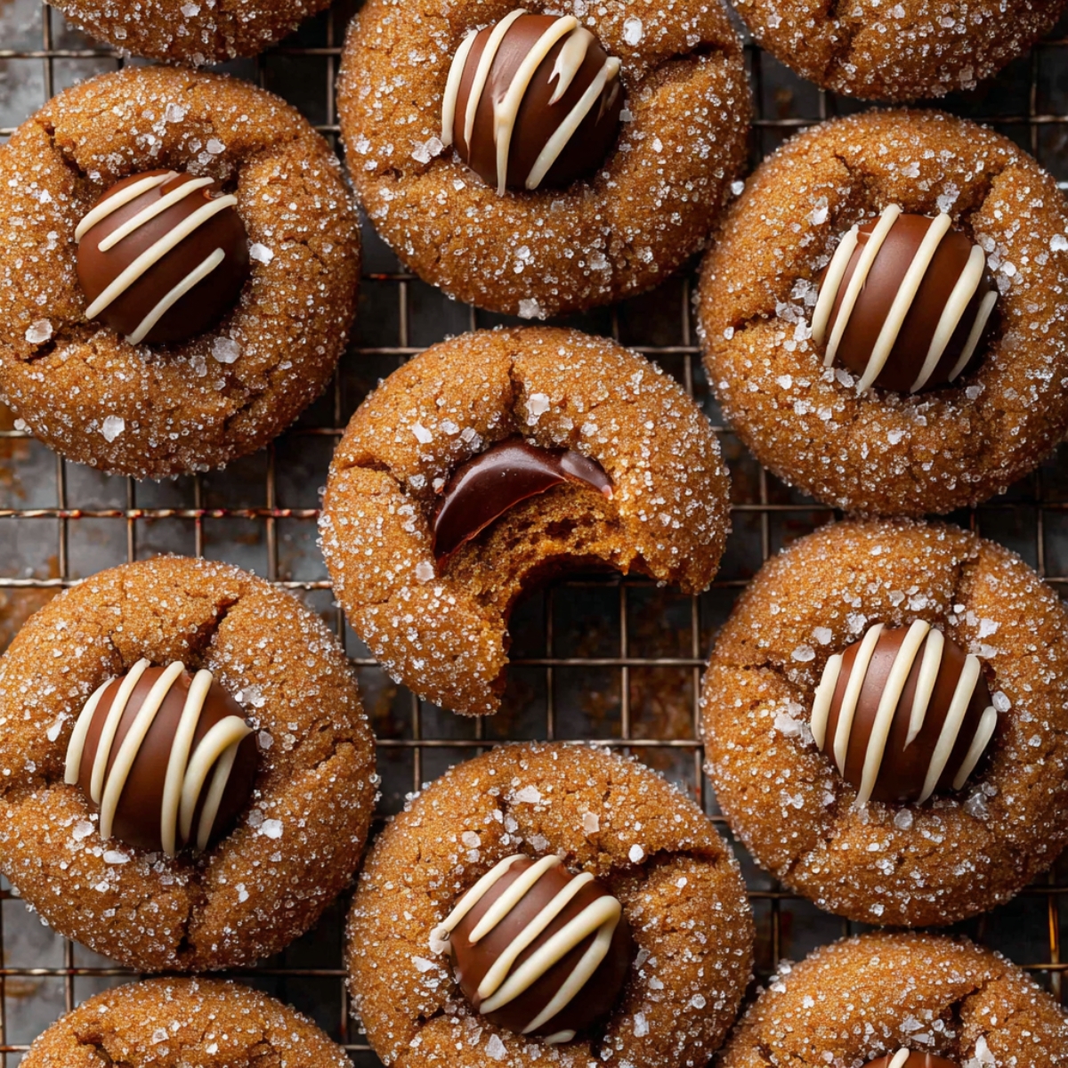 Freshly baked Gingerbread Blossoms cookies on a cooling rack, topped with chocolate kisses and drizzled white chocolate, with one cookie showing a bite to reveal the soft interior.