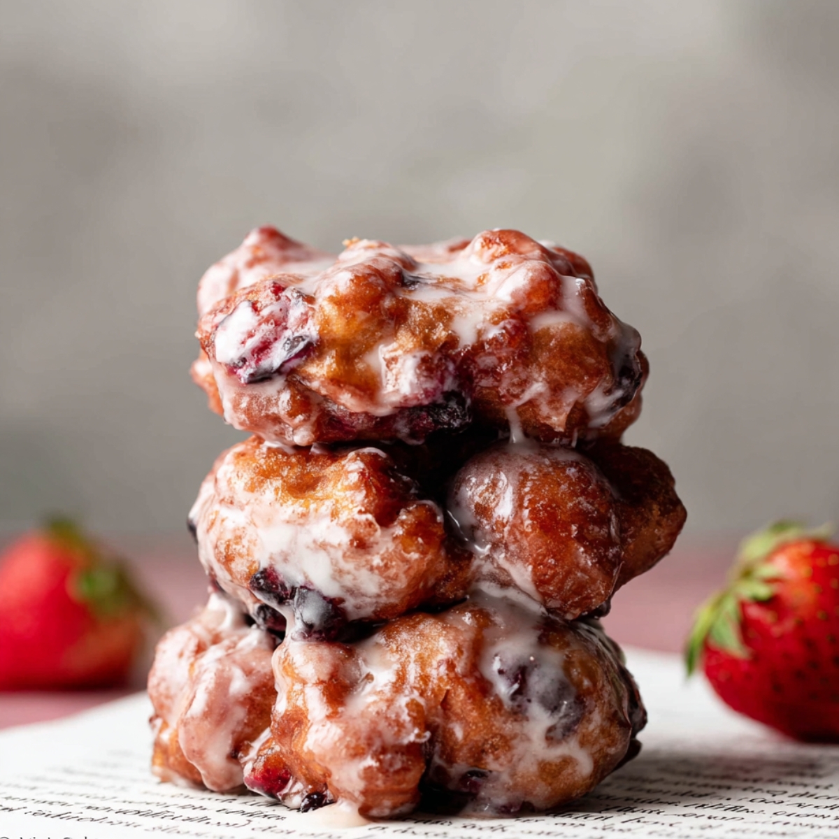 Fried Berry Fritters with a glossy glaze, stacked on top of each other with a strawberry on the side.