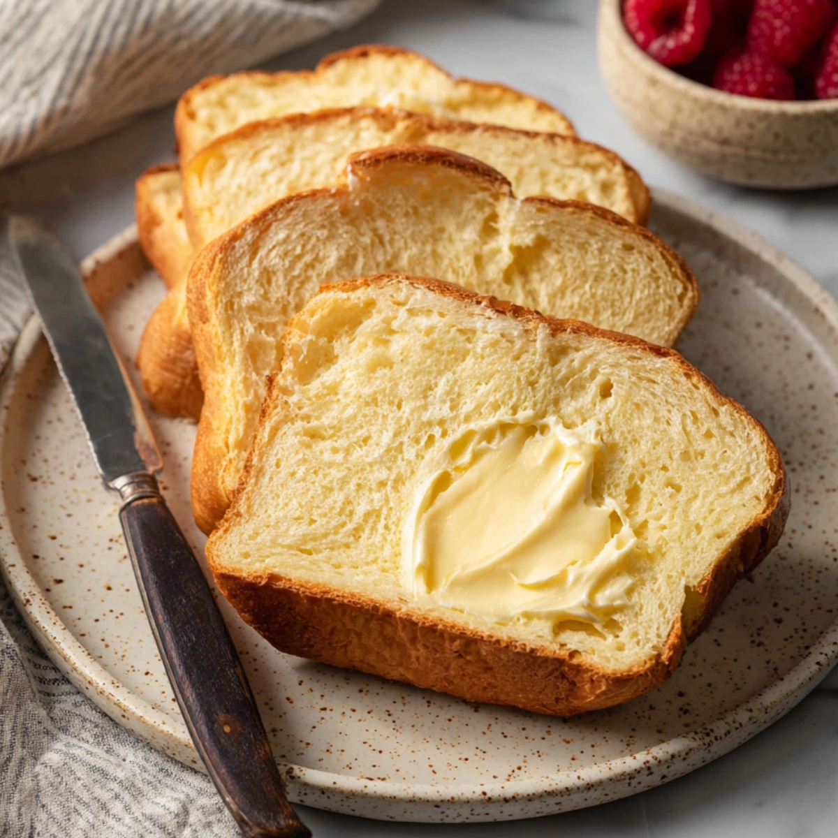 Slices of soft Homemade Brioche bread served with butter on a plate.