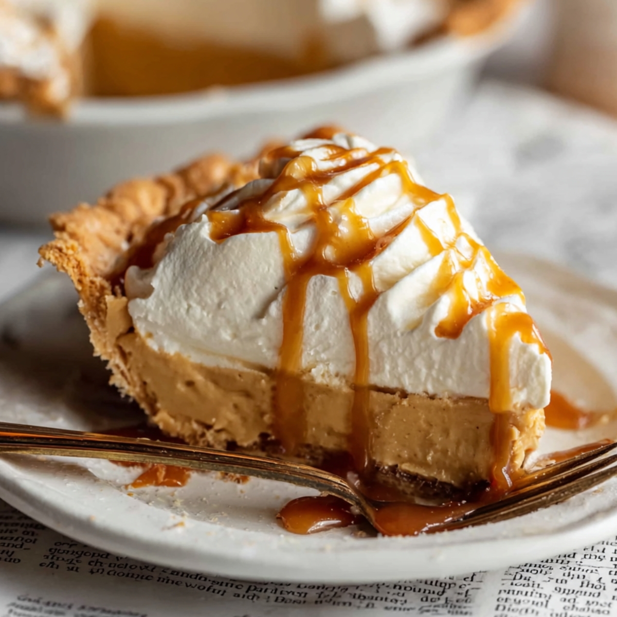 Slice of homemade butterscotch pie topped with whipped cream and drizzled caramel sauce, served on a white plate with a fork.