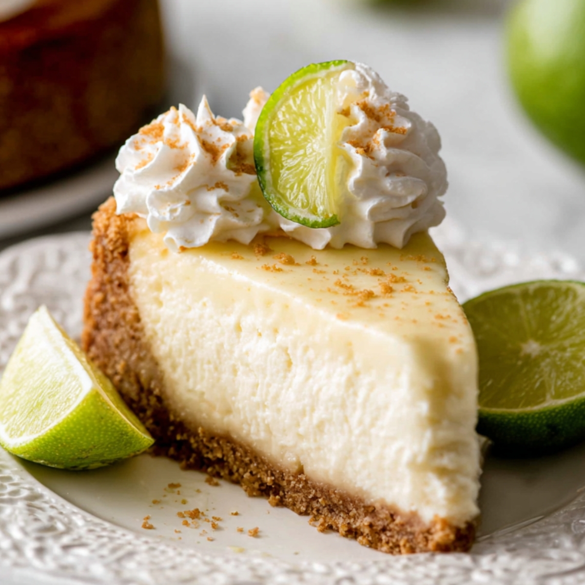 The Best Key Lime Cheesecake Recipe 9 Slice of creamy Key Lime Cheesecake on a white plate, topped with whipped cream and fresh lime wedges, with a slice of lime cheesecake in the background.