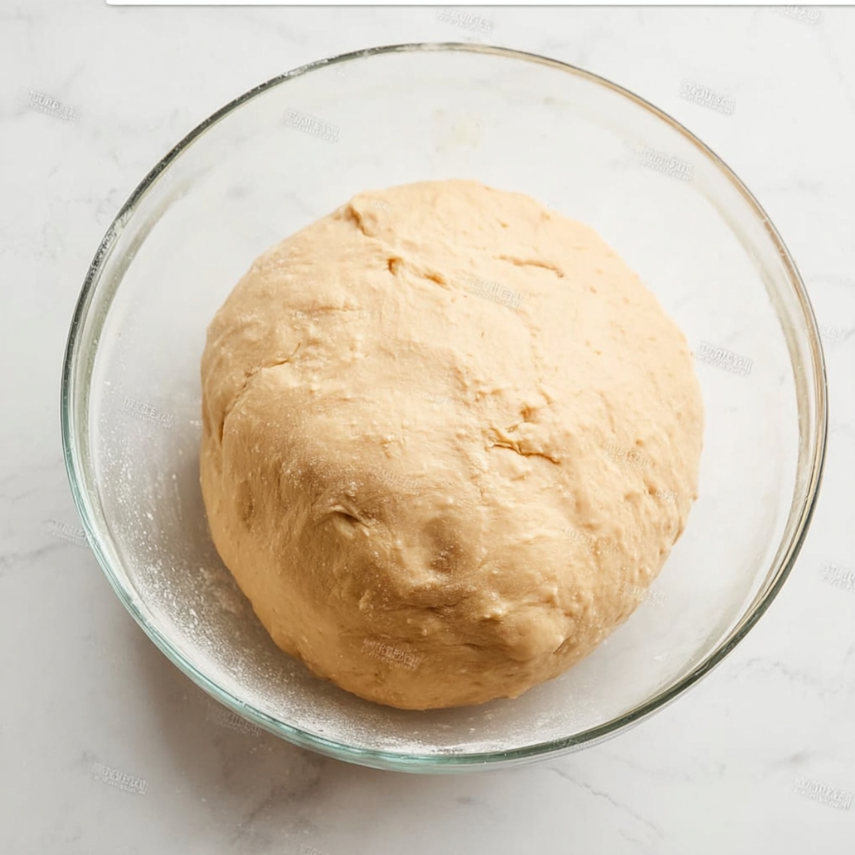 Homemade Glazed Doughnuts Recipe 10 Soft, elastic ball of kneaded dough resting in a clear glass mixing bowl on a marble countertop, prepared for rising.