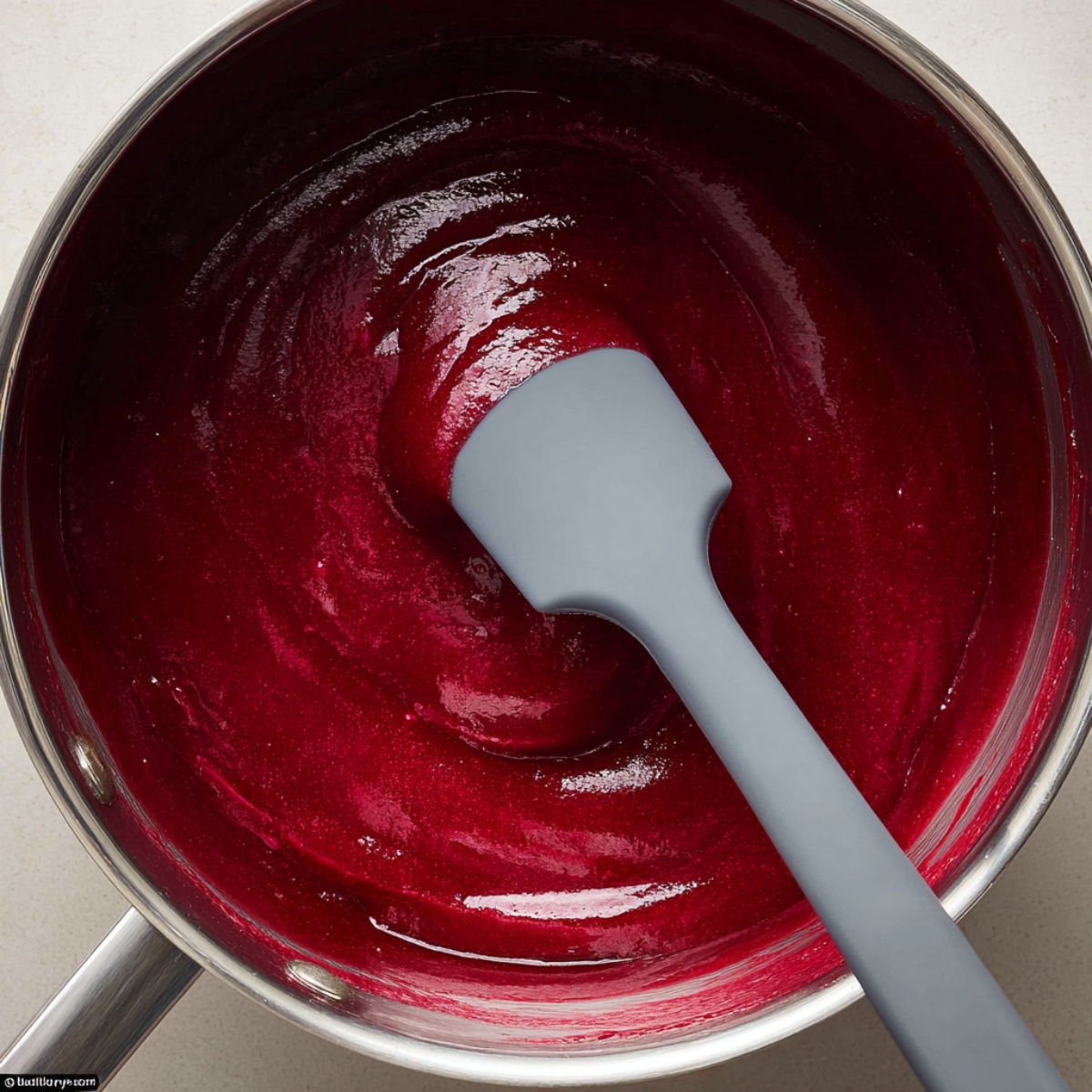 Best Cranberry Curd Tart Recipe 10 Deep red cranberry curd being stirred in a saucepan with a silicone spatula.