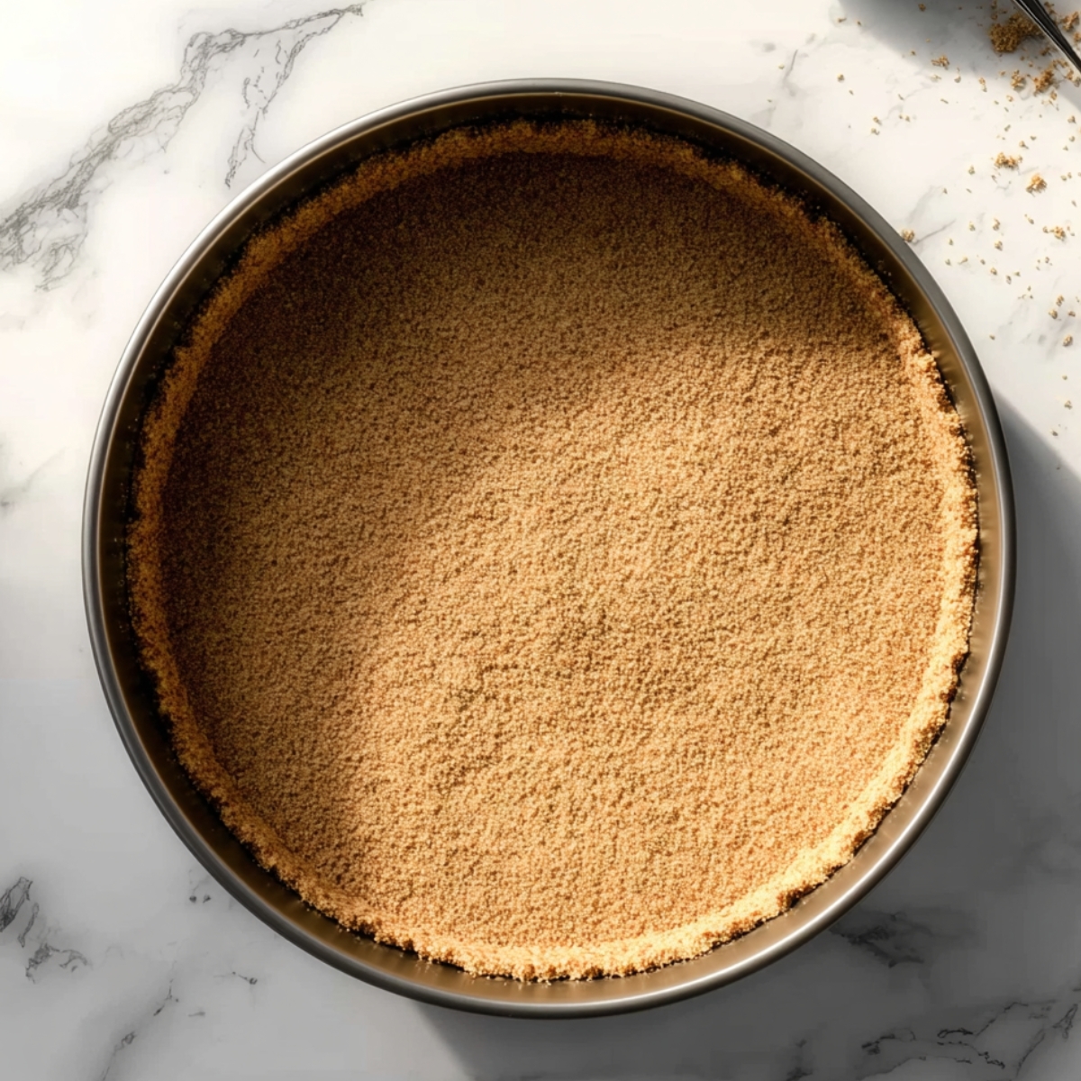 The Best Key Lime Cheesecake Recipe 10 Golden graham cracker crust pressed evenly in a round springform pan, prepared for key lime cheesecake, sitting on a marble countertop.