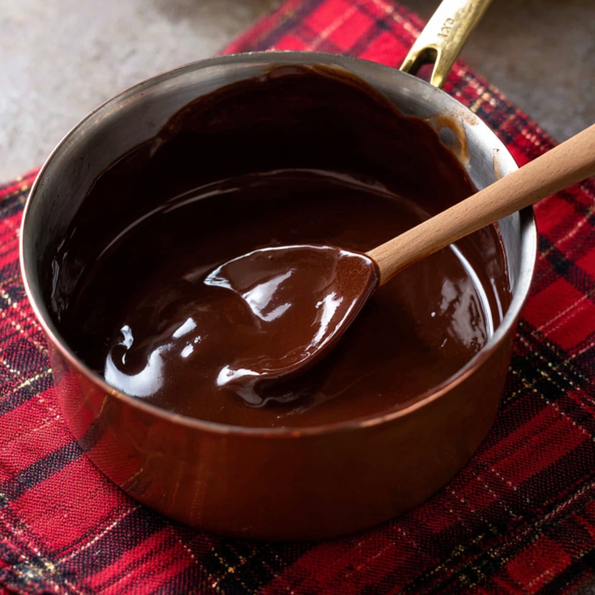 Mocha Cheesecake Brownies Recipe 10 A saucepan containing rich, melted chocolate sauce being stirred with a wooden spoon on a red plaid napkin, showcasing the glossy texture of the chocolate.