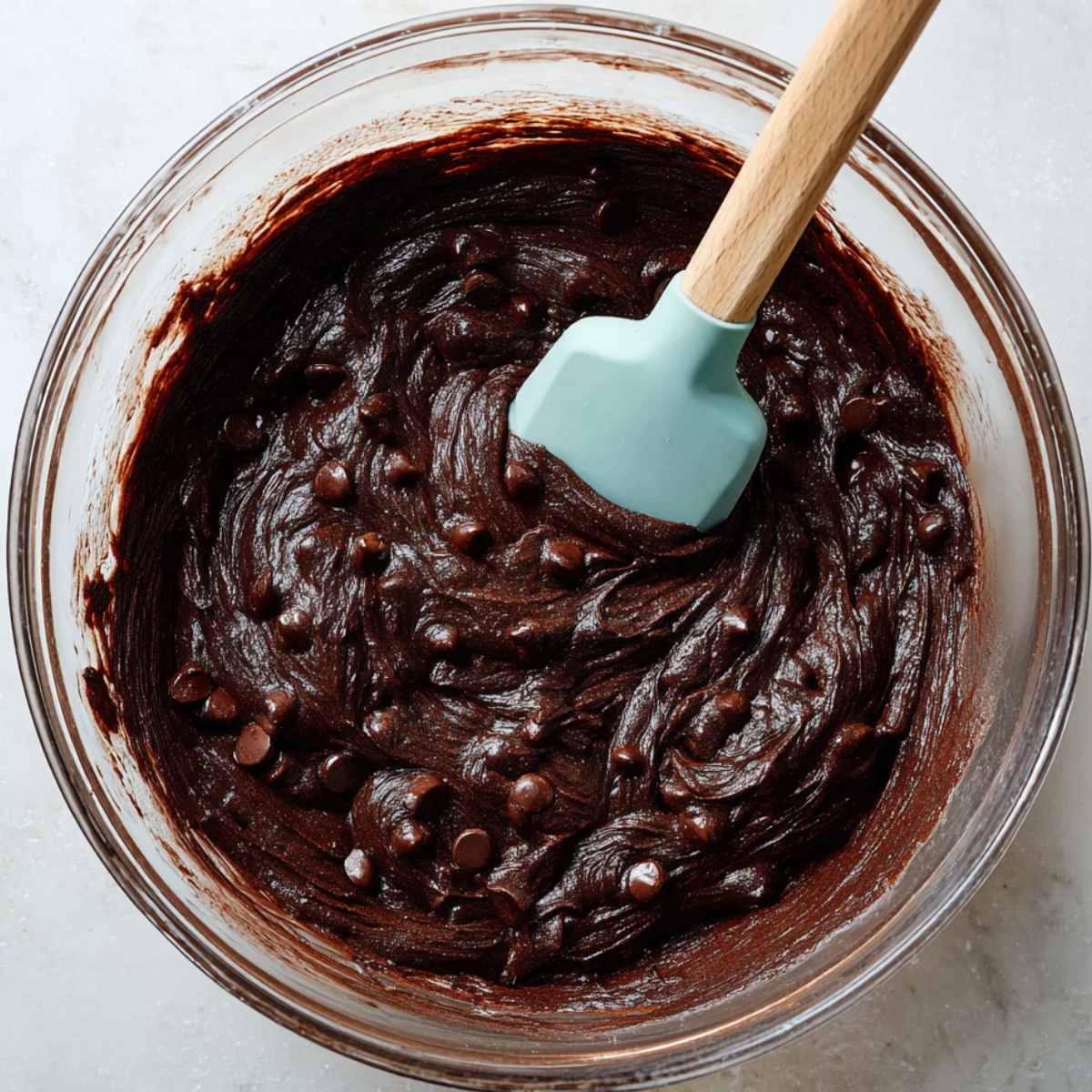 Raspberry Cheesecake Brownies Recipe 11 Rich chocolate brownie batter with chocolate chips mixed in a glass bowl, being stirred with a silicone spatula on a light marble surface.