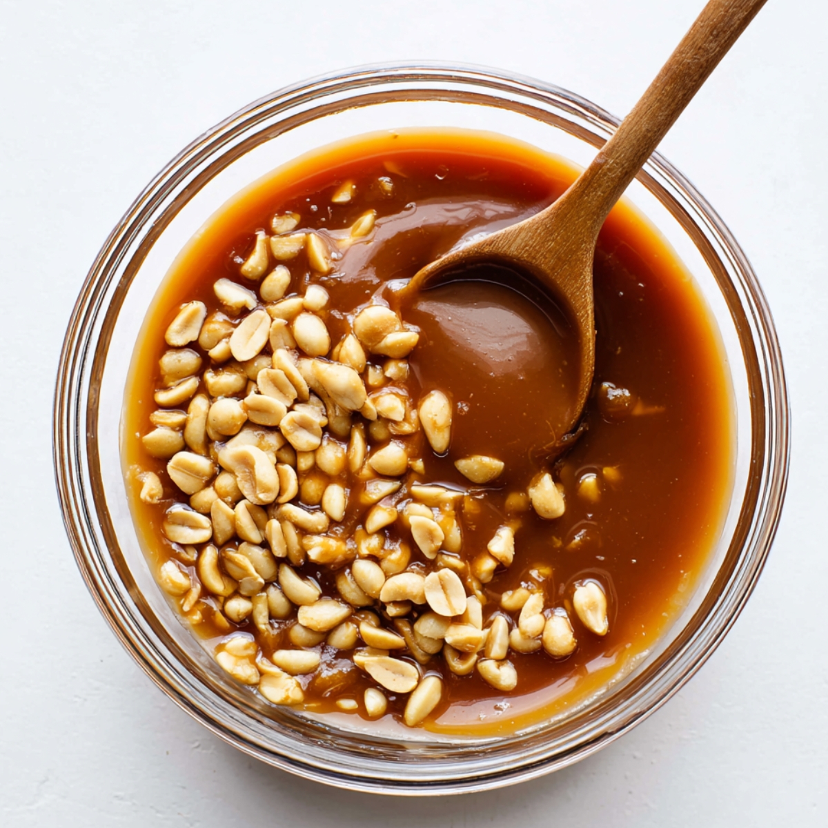 Easy Snickers Caramel Tart Recipe 10 Caramel sauce with peanuts in a glass bowl, spoon inside