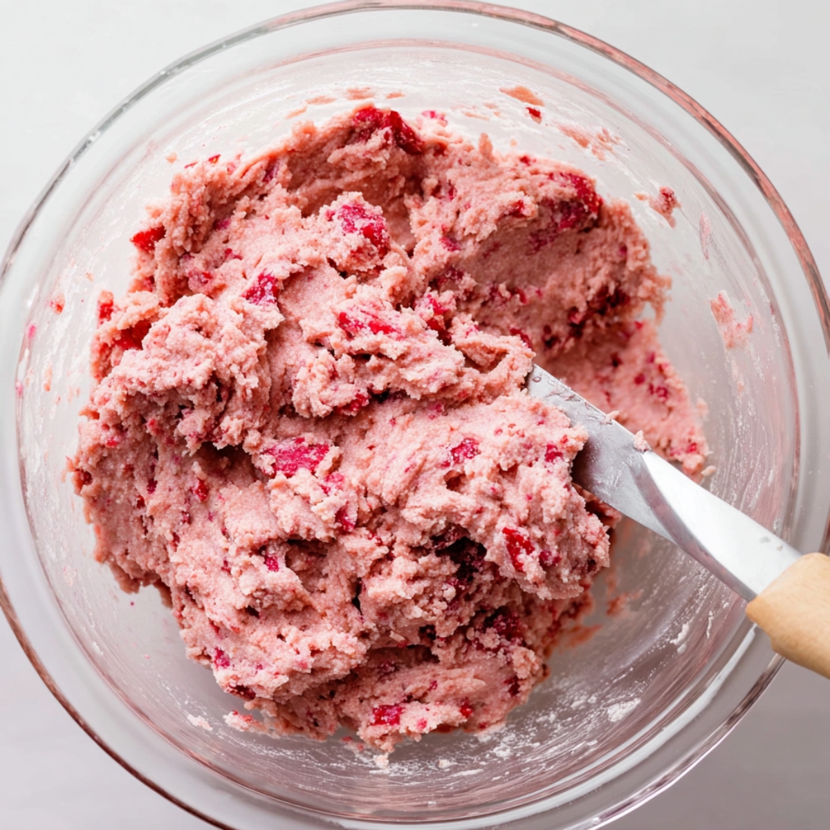 Frosted Strawberry Cookies Recipe 11 Bowl of freshly mixed strawberry cookie dough with visible strawberry pieces and a white spatula.