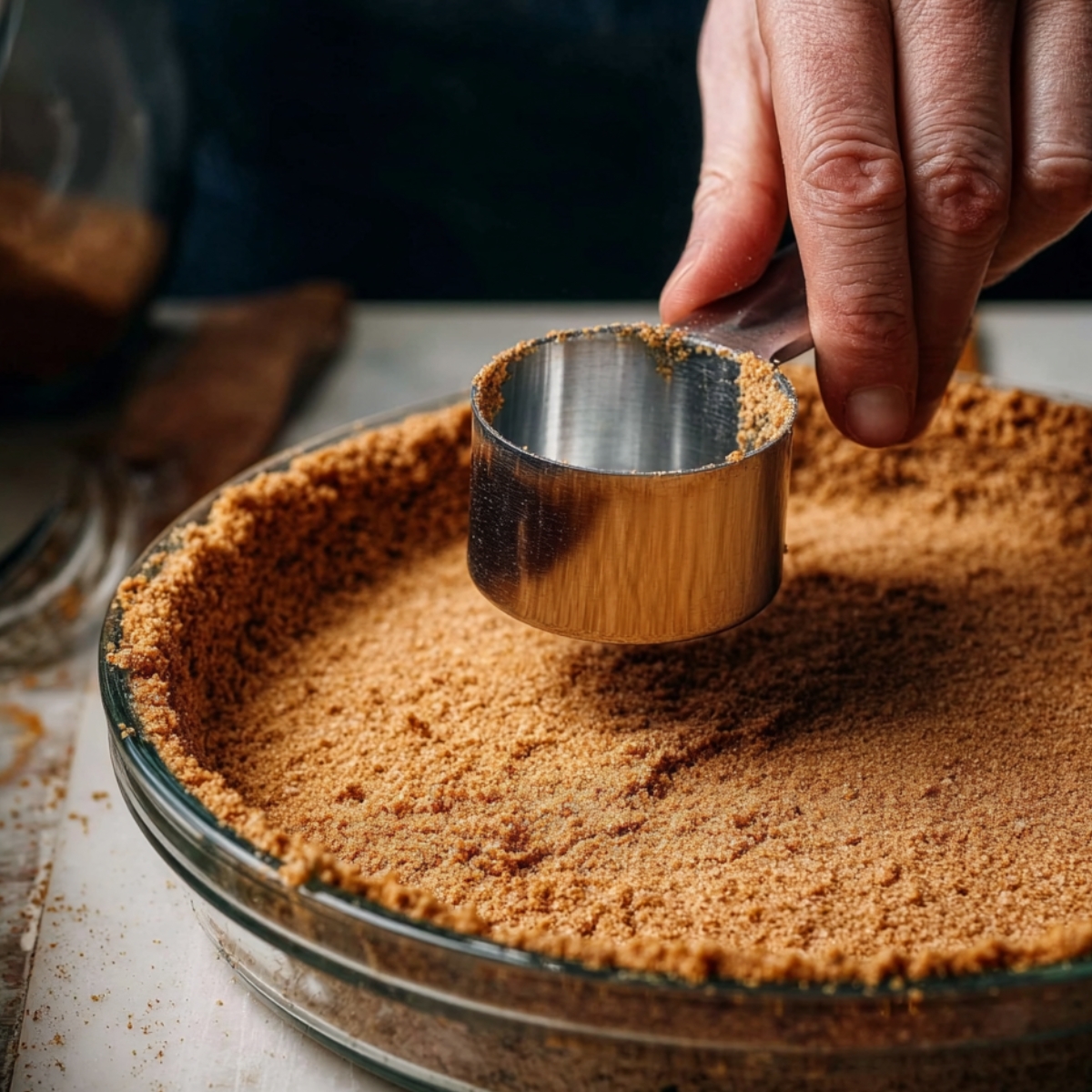 Creamy Lemon Pie Recipe 10 Preparing a graham cracker pie crust in a glass pie dish, using a measuring cup to press and shape the crust evenly with hands.