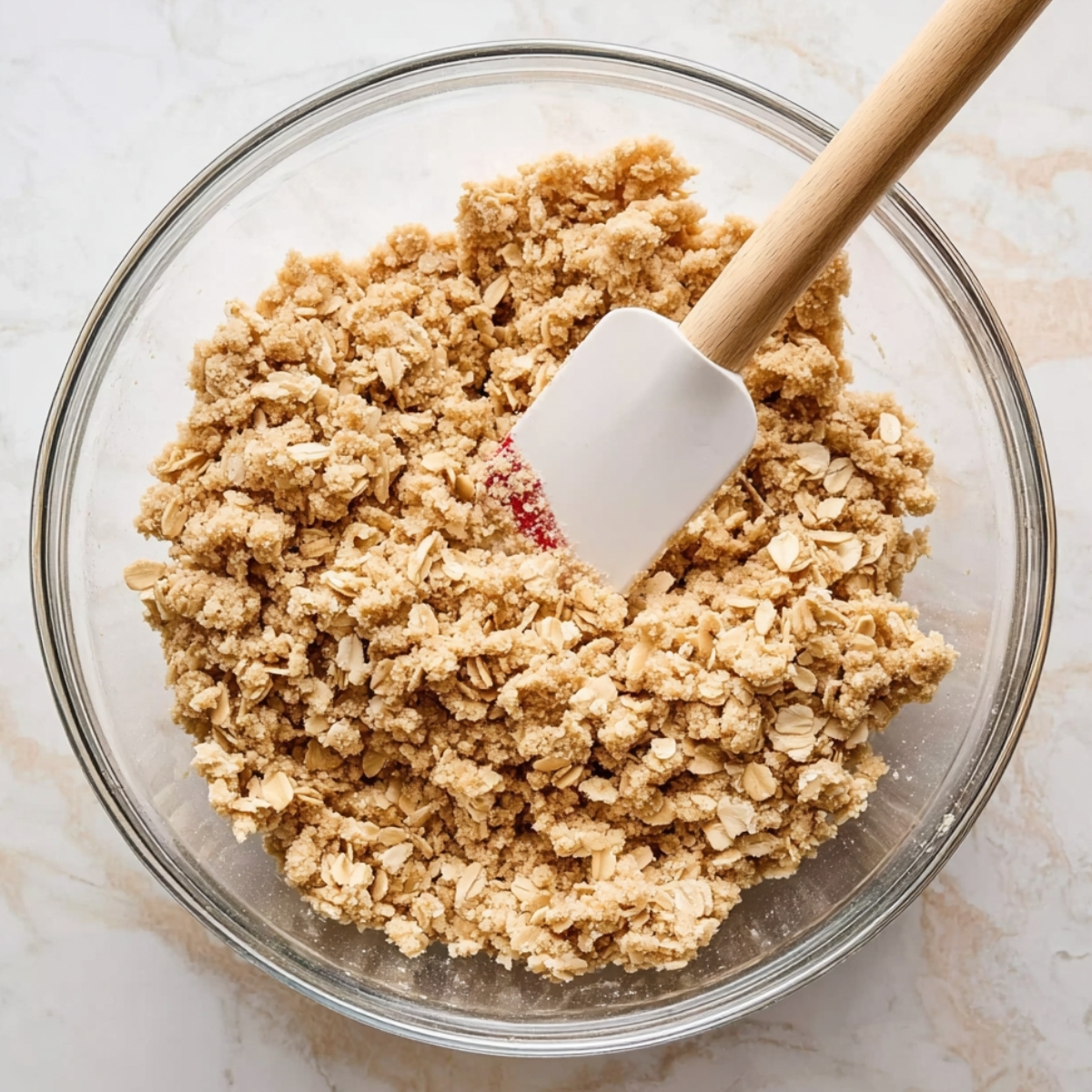 Easy Blueberry Pie Bars Recipe 10 Oat crumble mixture in a glass mixing bowl with a white spatula, homemade streusel topping for blueberry dessert bars, overhead baking scene.