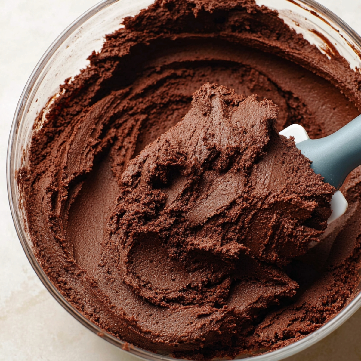 Cut-Out Chocolate Sugar Cookies 10 A close-up of chocolate sugar cookie dough in a mixing bowl, showing a thick and smooth texture. A spatula is resting in the dough, showcasing its rich brown color.