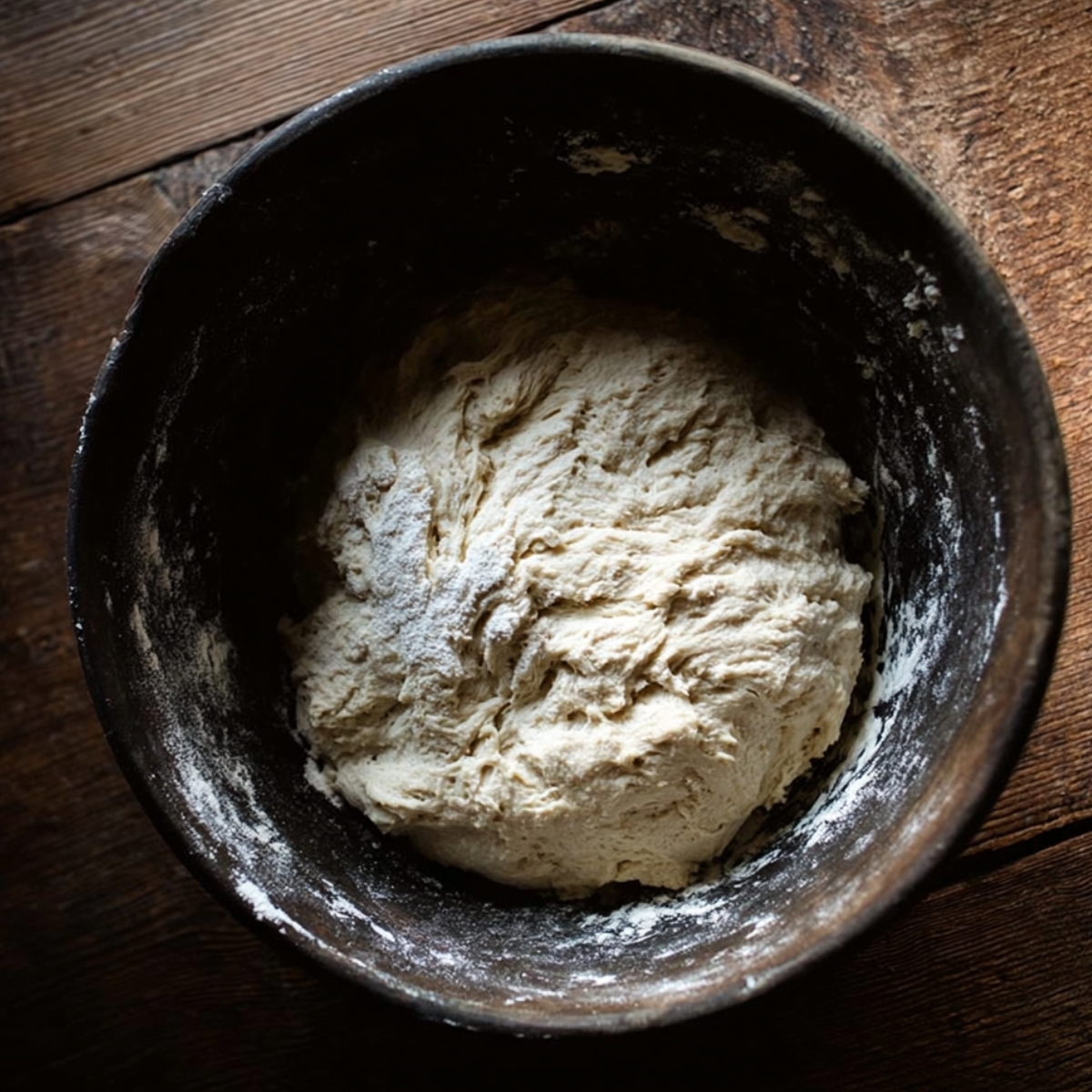 Beginner Sourdough Bread Recipe 10 Shaggy sourdough dough mixture in a dark mixing bowl with flour on the sides, placed on a rustic wooden surface.