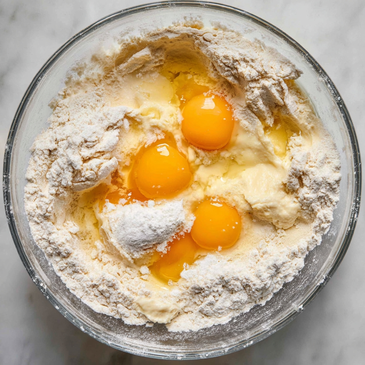 Easy Homemade Brioche Recipe 10 Mixing bowl with flour, eggs, and dairy ingredients for homemade brioche dough.