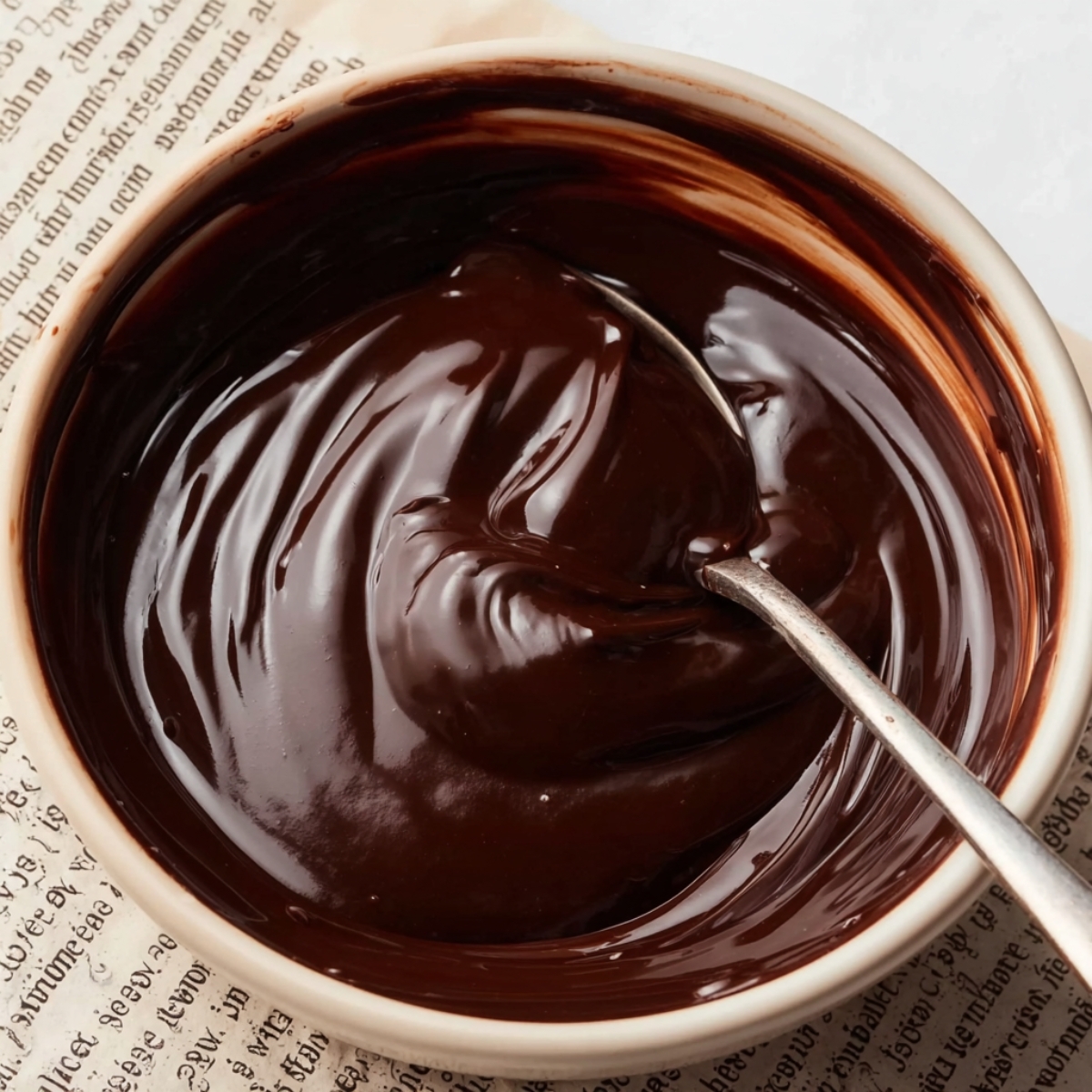 The Best Nutella Cream Pie Recipe 10 A close-up of thick, glossy chocolate ganache in a bowl with a spoon gently stirring the rich, velvety mixture.