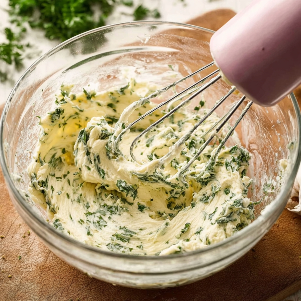 Easy Homemade Garlic Bread Recipe 10 Whisk mixing creamy garlic herb butter in glass bowl, parsley, rustic kitchen, photorealistic