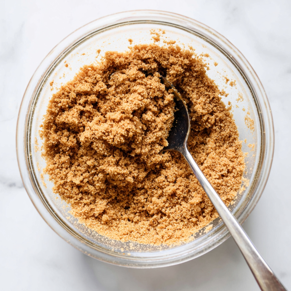 Easy No Bake Cheesecake Jars Recipe 10 Homemade graham cracker crust crumbs mixed in a glass bowl with a spoon on a white marble surface.