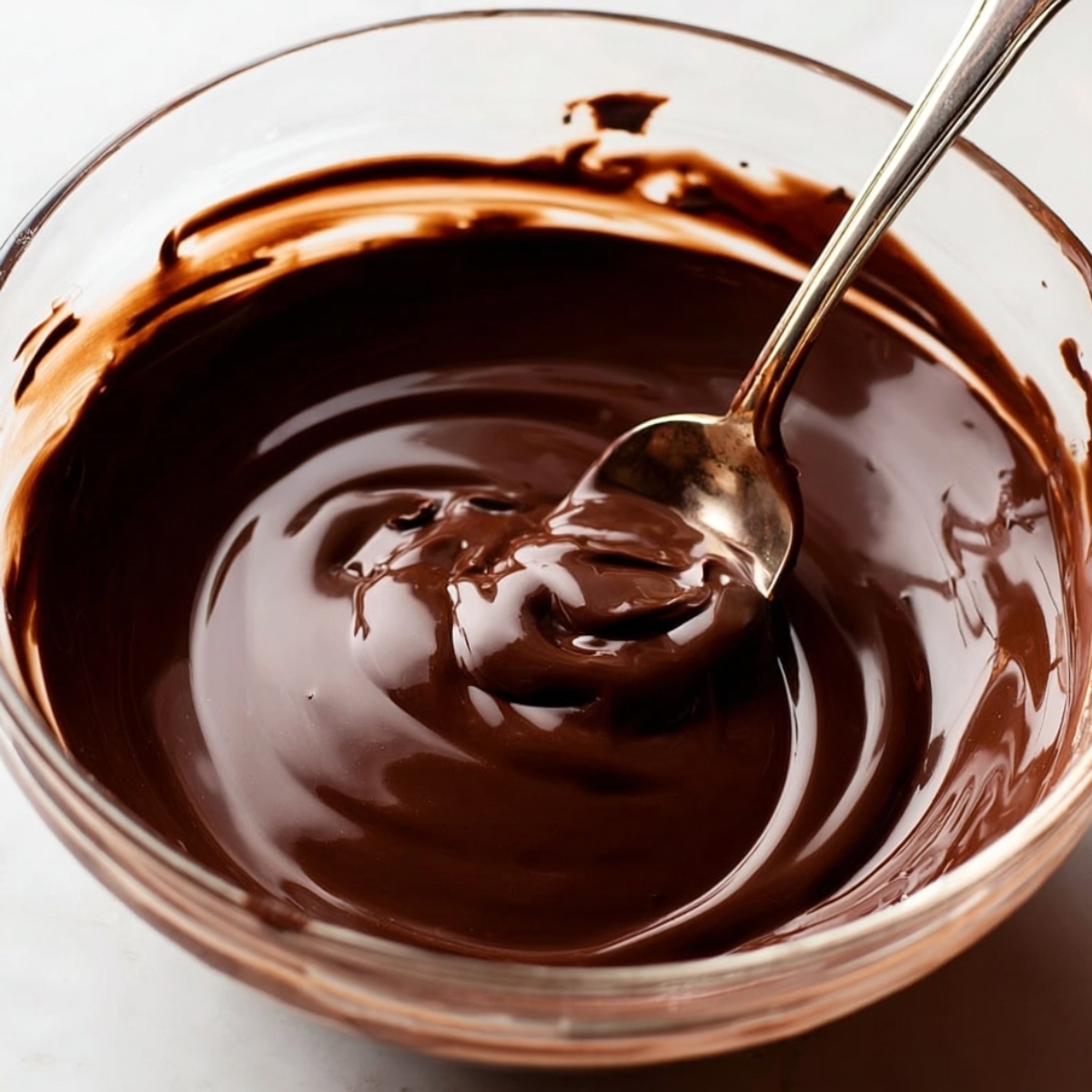 Easy Snickers Caramel Tart Recipe 11 Chocolate mixture in a glass bowl being stirred with a spoon