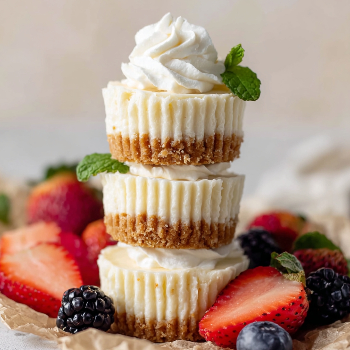 Stacked Mini Cheesecakes with berries and whipped cream.