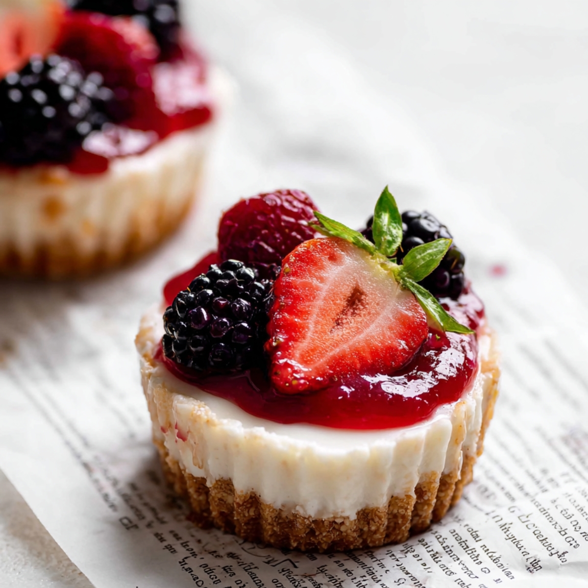 Mini No-Bake Cheesecakes with graham cracker crust, topped with mixed fresh berries and berry sauce, served on parchment paper.