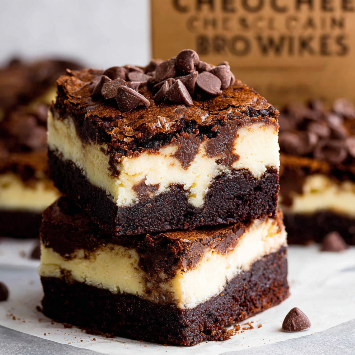 Two Mocha Cheesecake Brownies stacked on top of each other, with a visible cheesecake layer in the center, topped with chocolate chips, and showing the rich layers of brownie and cheesecake.