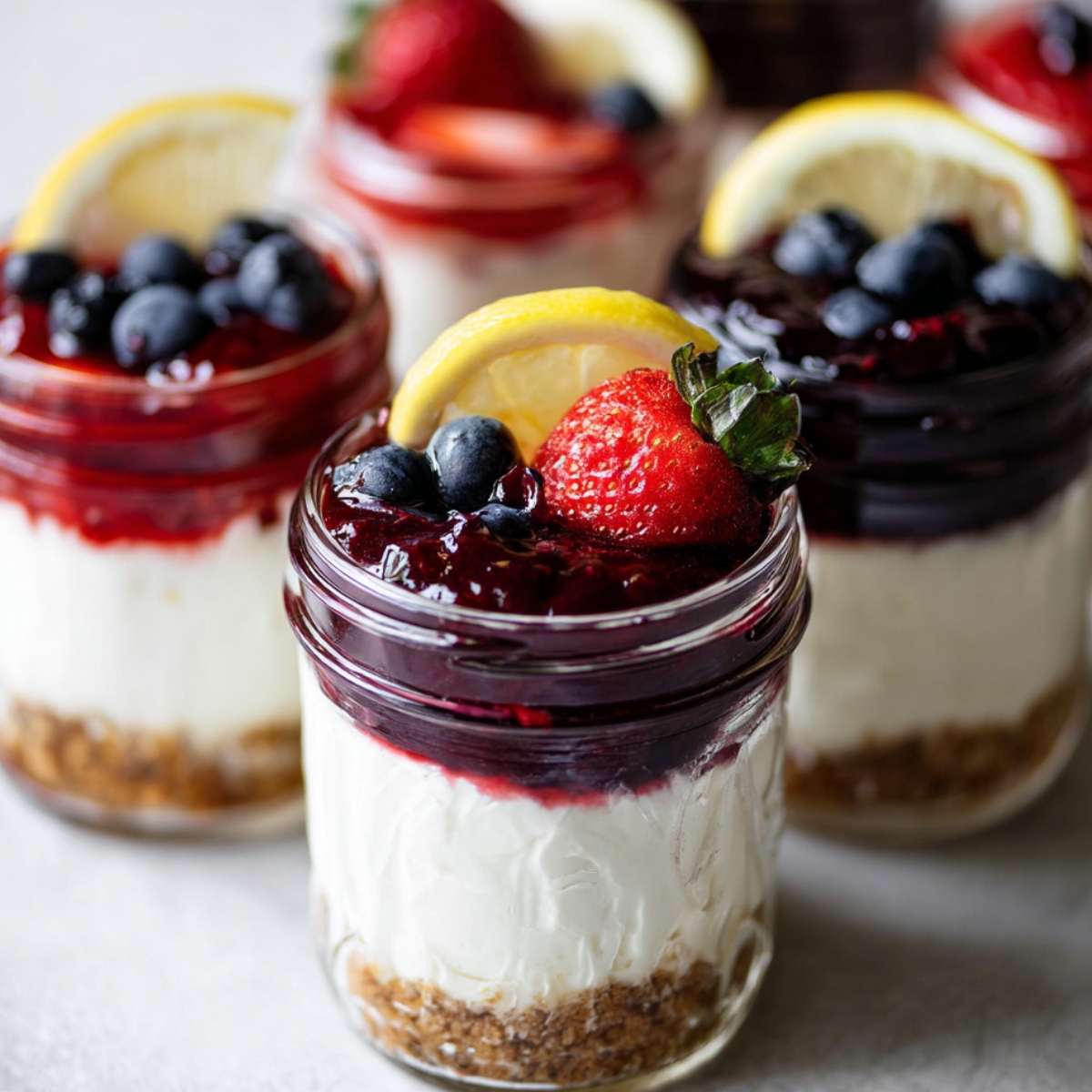 No Bake Cheesecake Jars layered with graham cracker crust, creamy filling, and berry topping garnished with strawberries, blueberries, and lemon slices.