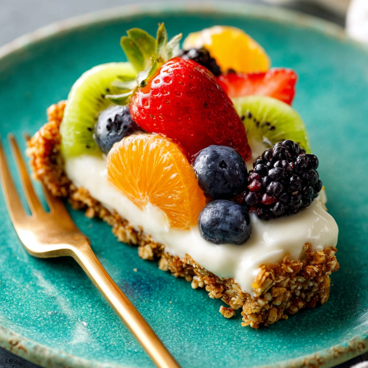 No-Bake Greek Yogurt Fruit Tart slice with berries and kiwi.