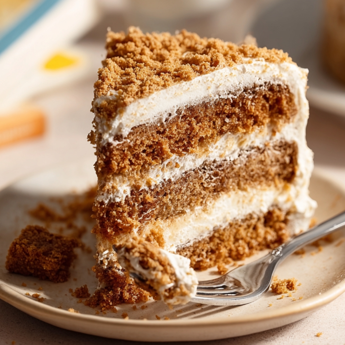A slice of Oatmeal Cream Pie Cake on a plate, layered with creamy frosting and topped with crumbled oatmeal cookies, with a fork taking a bite.