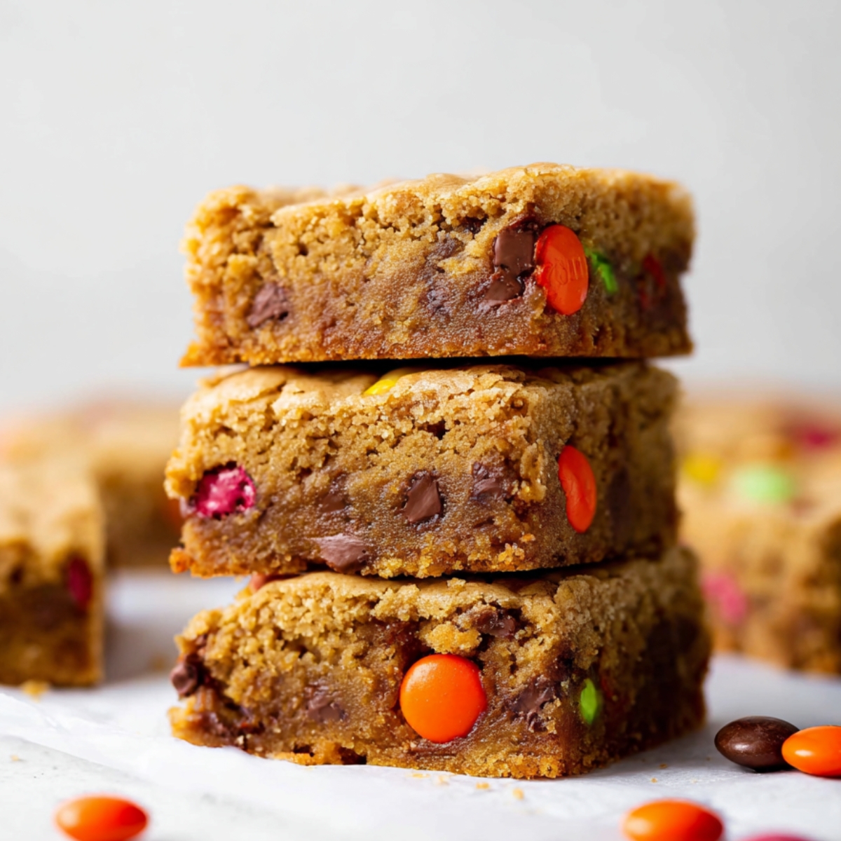 A stack of three baked Peanut Butter Blondies with chocolate chips and candy pieces, surrounded by scattered candies on parchment paper.