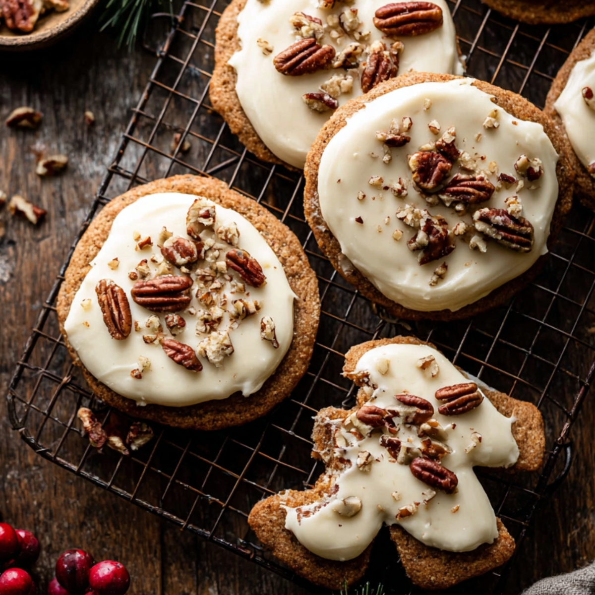 Pecan Sugar Cookies with Brown Butter Icing Recipe 9 Frosted Pecan Sugar Cookies with whole pecans on rustic wire rack