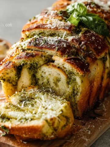 Homemade Pesto Pull Apart Bread 1 Baked Pesto Pull Apart Bread sliced on wooden board, garnished with basil and parmesan.