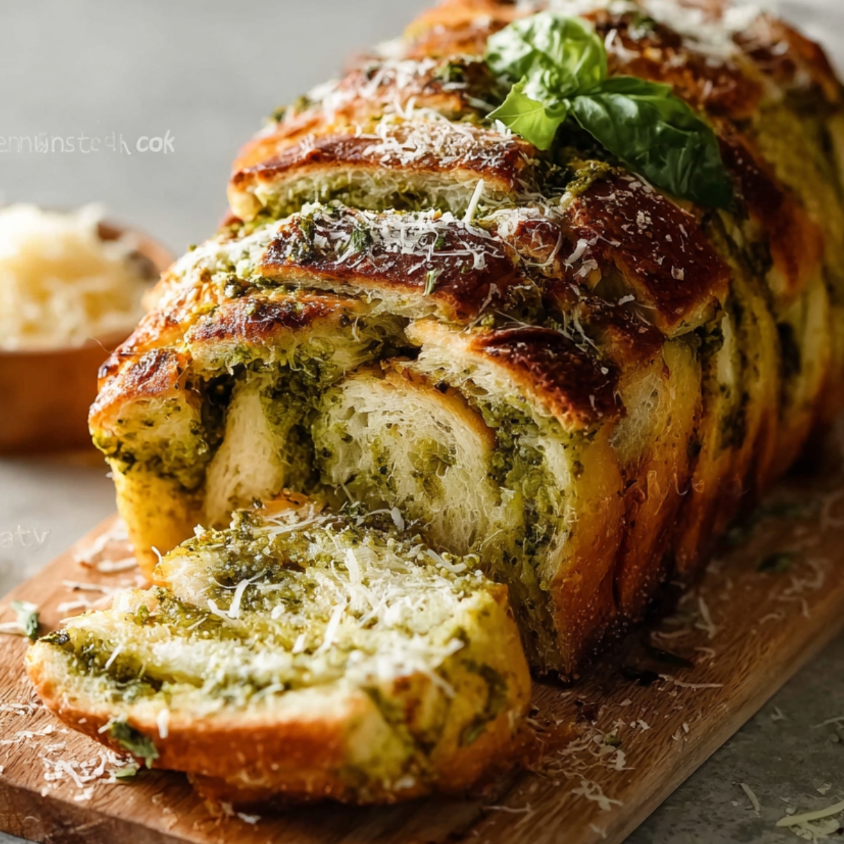 Baked Pesto Pull Apart Bread sliced on wooden board, garnished with basil and parmesan.