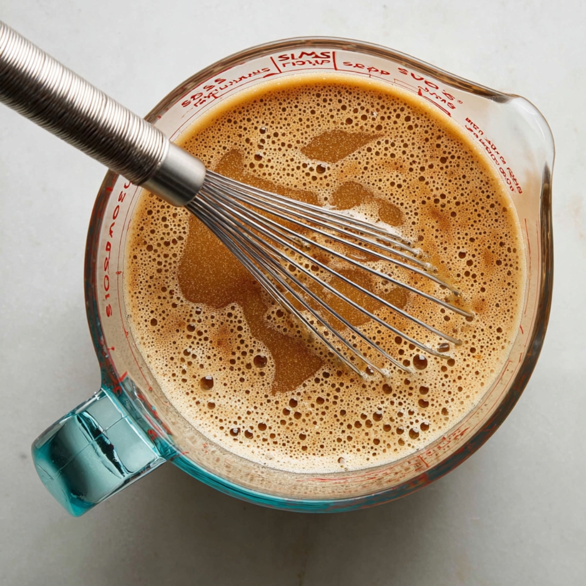 Easy Homemade Butterscotch Pie 10 Whisked caramel pie filling in a measuring cup, frothy and smooth, showing creamy texture before pouring into pie crust.