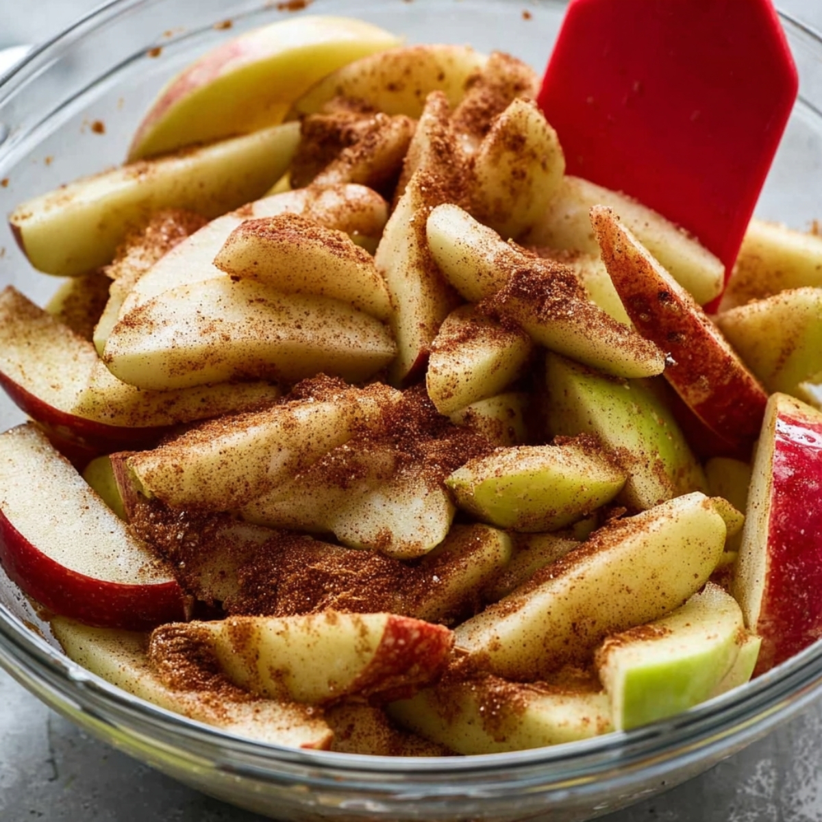 Easy Apple Galette Recipe 11 Sliced apples in a glass bowl coated with cinnamon and sugar, being mixed with a red spatula, ready for baking in a galette or pie.