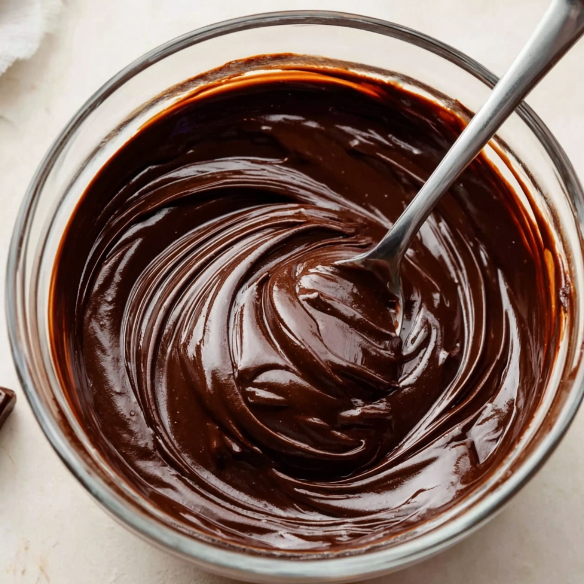 Easy Chocolate Swiss Roll Cake Recipe 11 A glass bowl filled with creamy chocolate filling being stirred, showing a smooth and glossy texture ready to be spread into a cake roll.