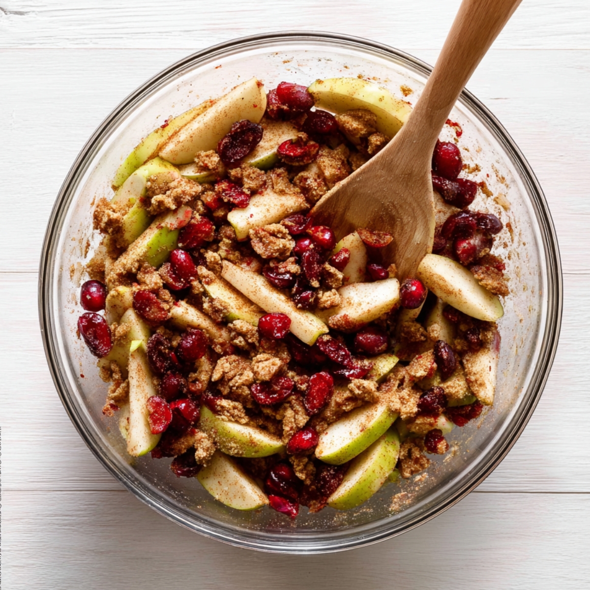 Easy Apple Cranberry Crumble Pie 10 Apple and cranberry pie filling with crumble in a glass bowl.