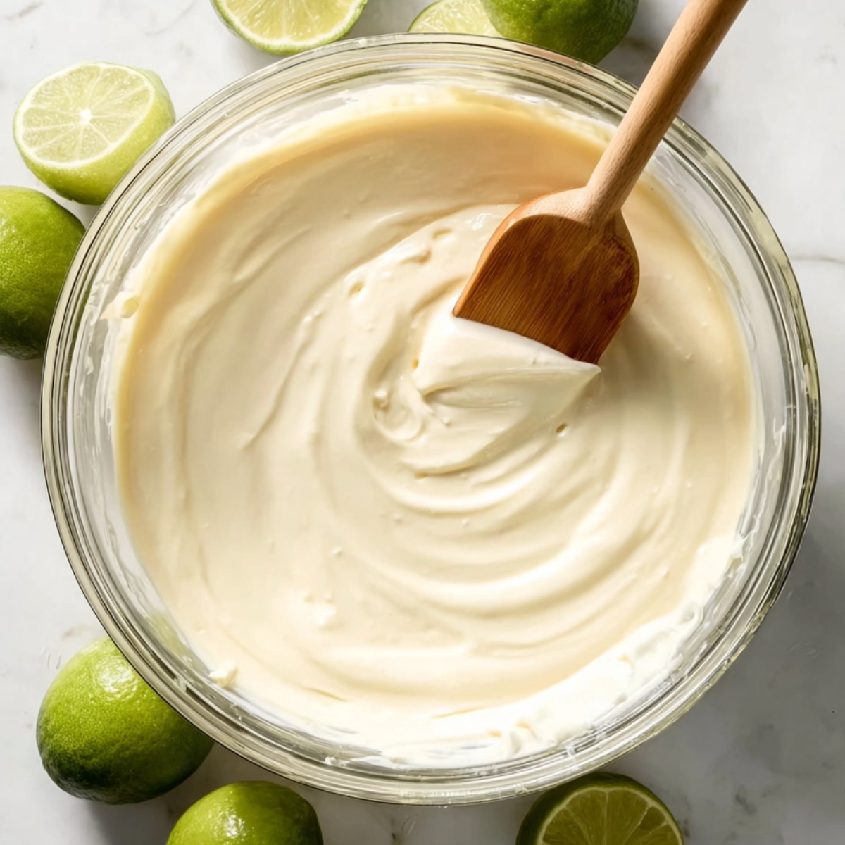 The Best Key Lime Cheesecake Recipe 11 Smooth and creamy key lime cheesecake filling in a glass bowl with a spatula, ready to be poured into the crust, surrounded by fresh limes on a marble countertop.
