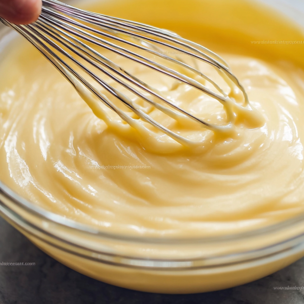 Creamy Lemon Pie Recipe 11 Smooth creamy lemon pie filling in a glass bowl being whisked to a silky texture, ready to pour into the prepared crust.